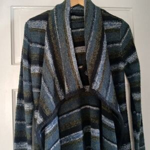 Kensie Cardigan Sweater Oversized Rib-Knit Collar Striped Drapey Open Front